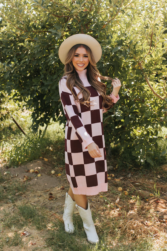 THE CHUNKY TURTLENECK DRESS IN MAUVE CHECKER BY PINK DESERT