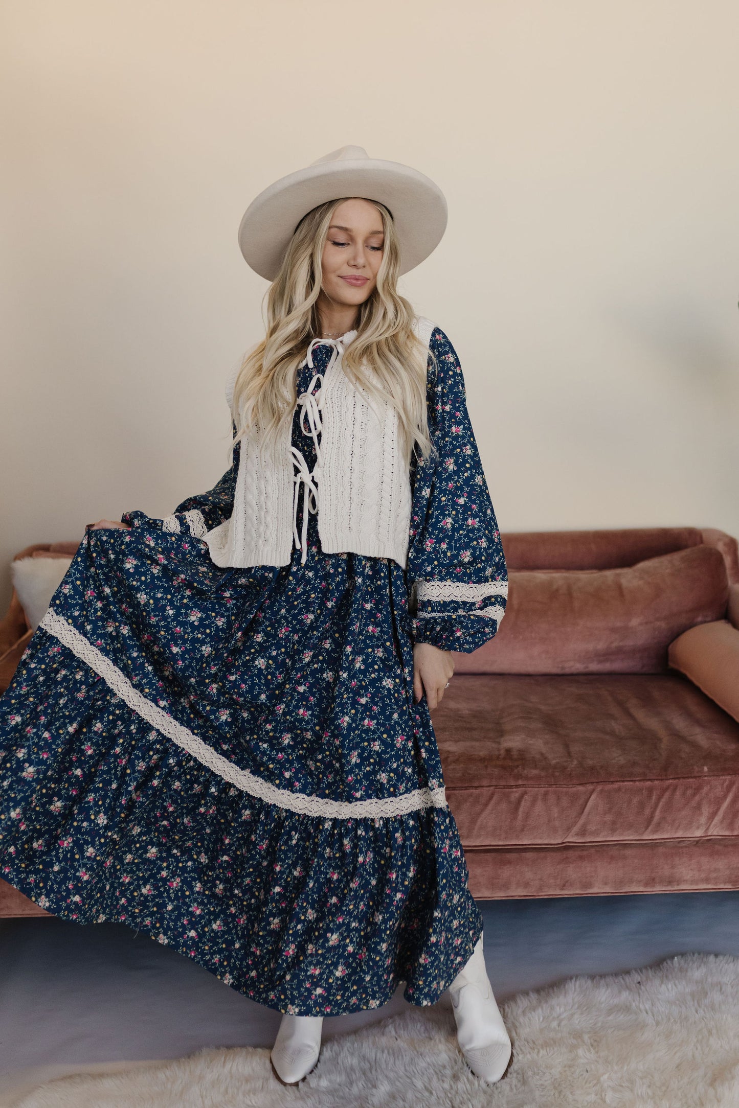 THE INDY SMOCKED FLORAL MAXI DRESS IN INDIGO