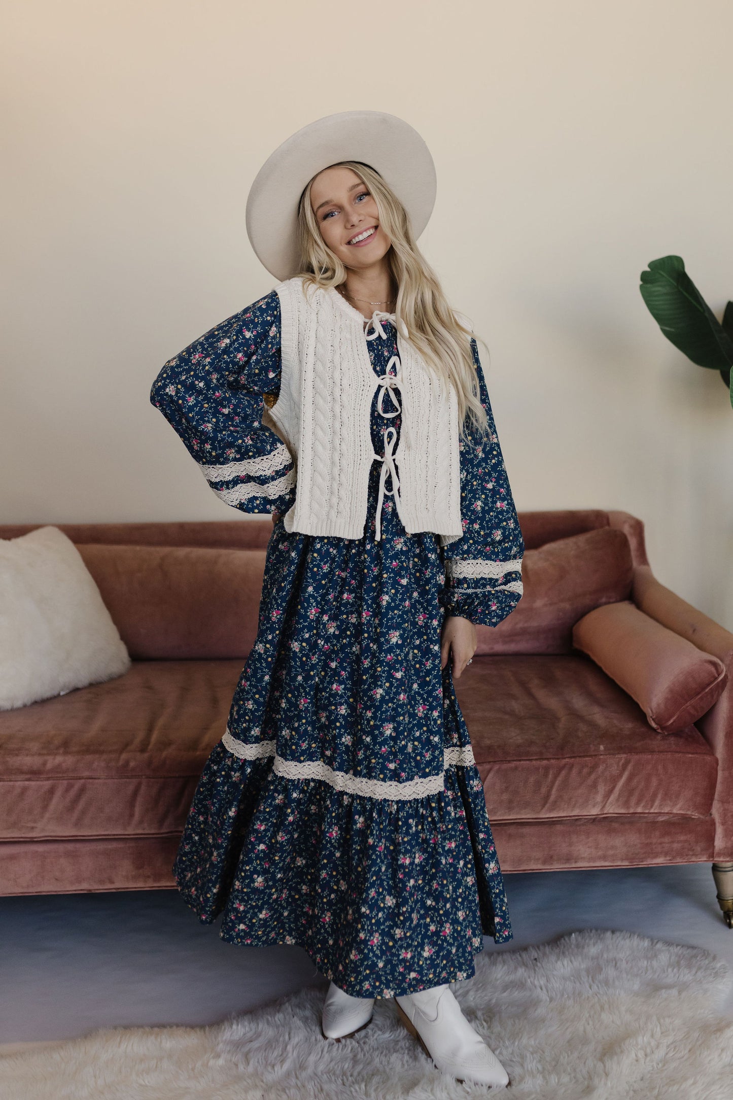 THE INDY SMOCKED FLORAL MAXI DRESS IN INDIGO