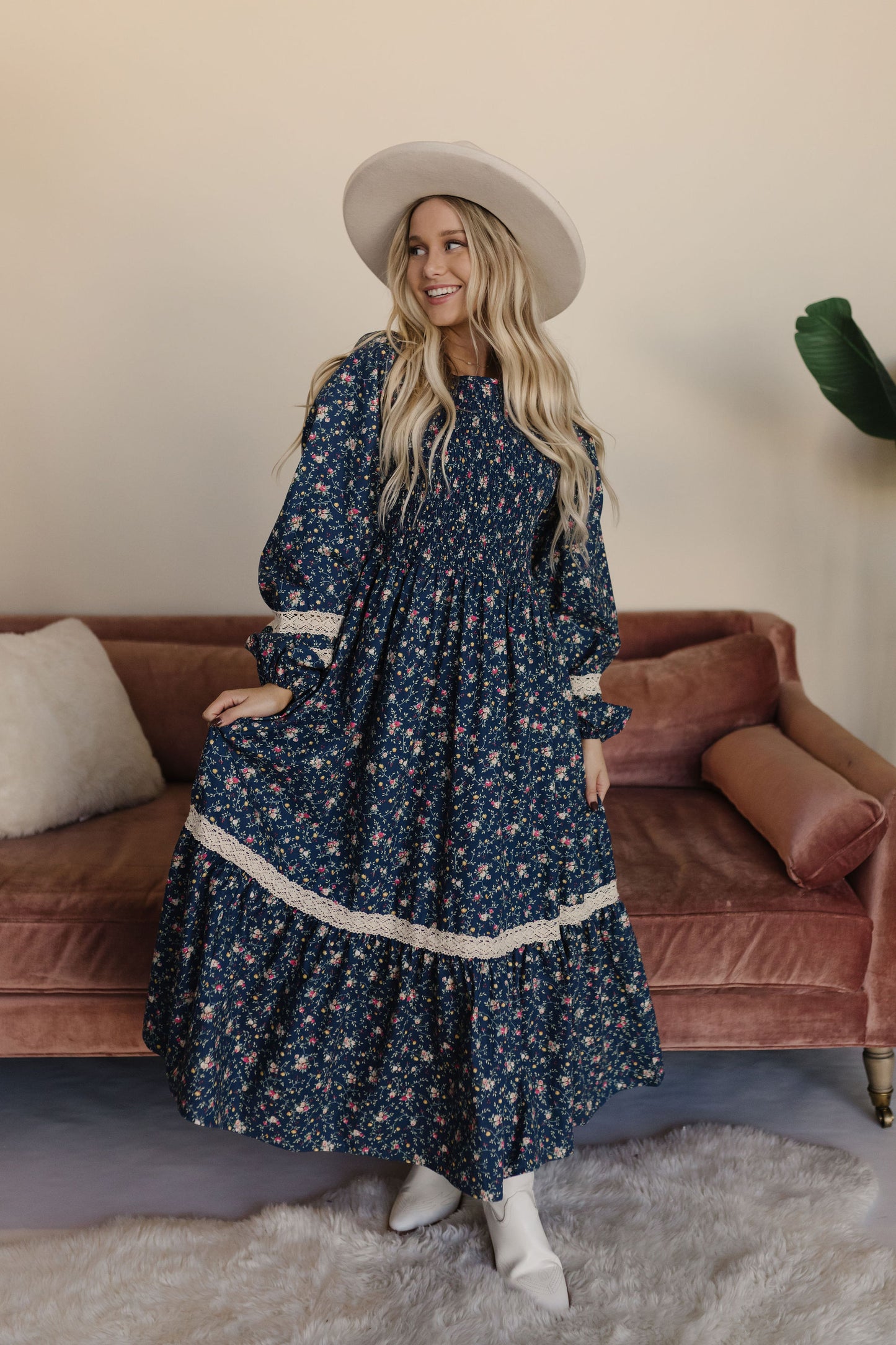 THE INDY SMOCKED FLORAL MAXI DRESS IN INDIGO