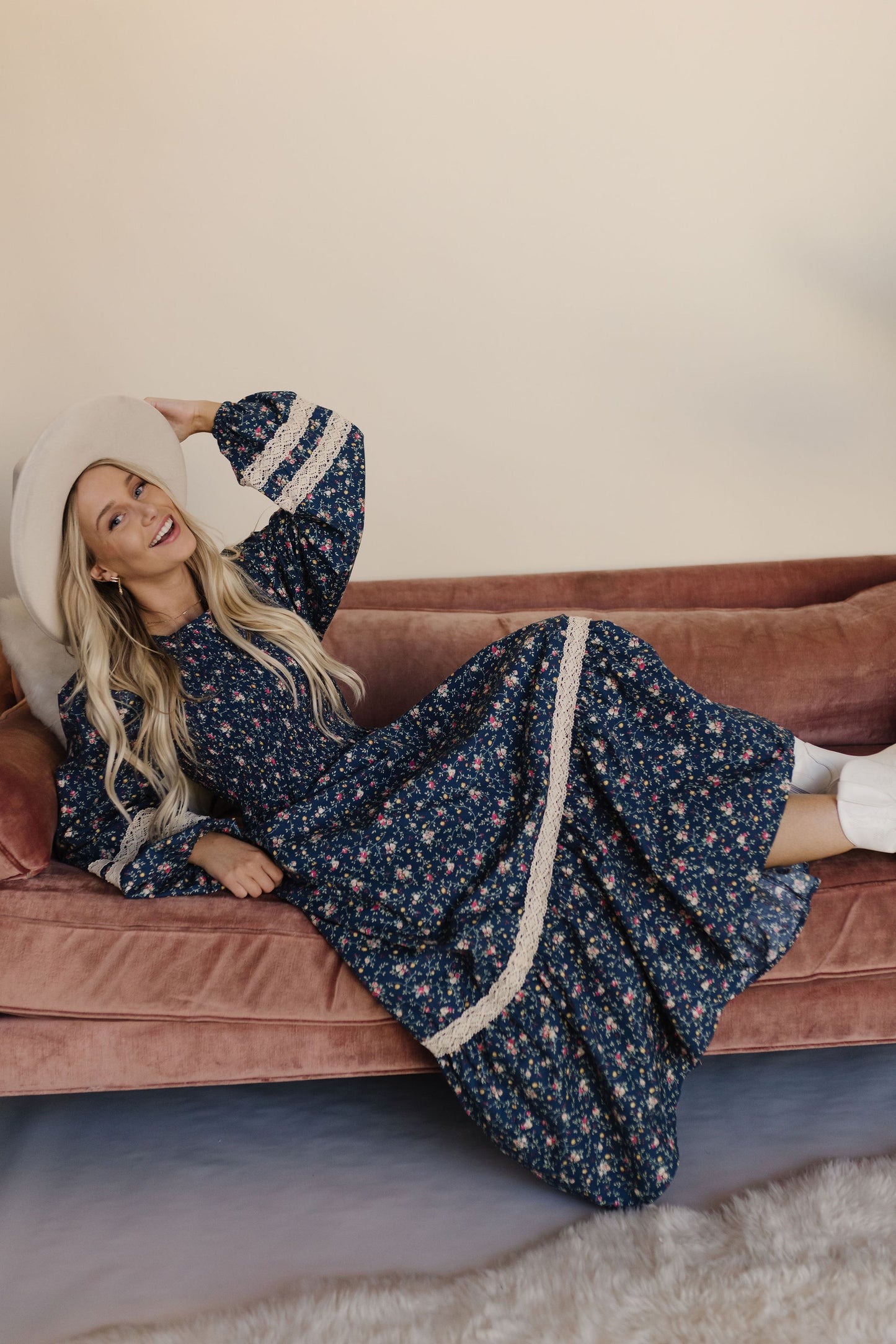 THE INDY SMOCKED FLORAL MAXI DRESS IN INDIGO