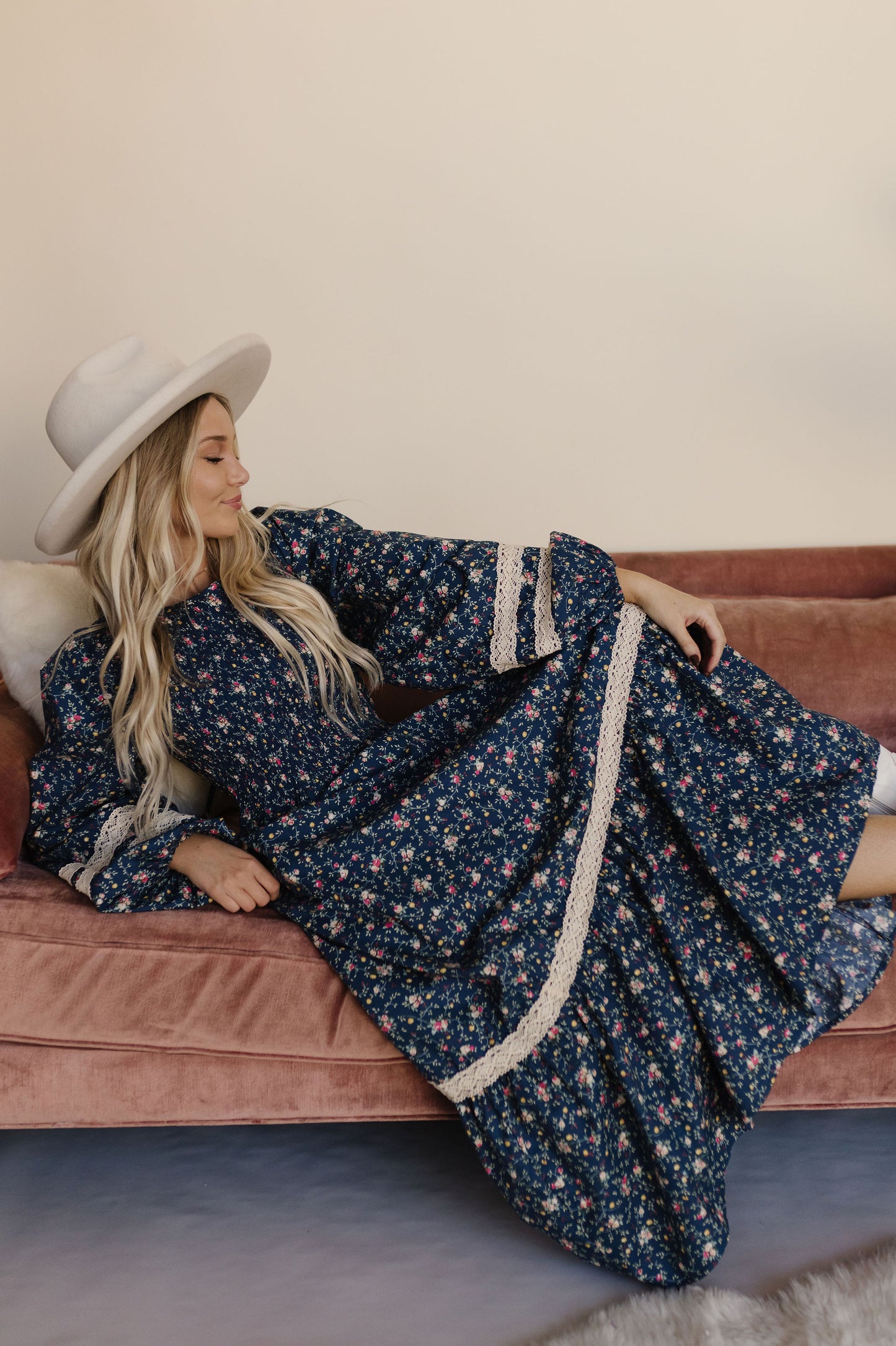 THE INDY SMOCKED FLORAL MAXI DRESS IN INDIGO