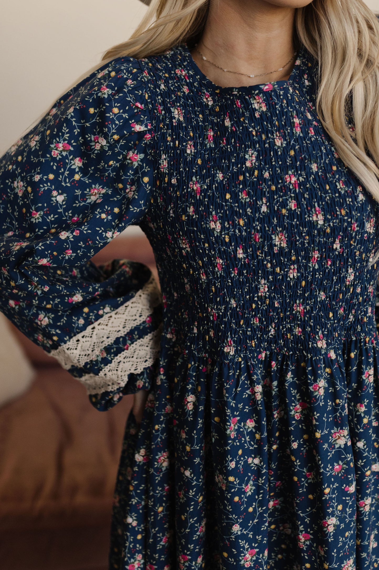 THE INDY SMOCKED FLORAL MAXI DRESS IN INDIGO