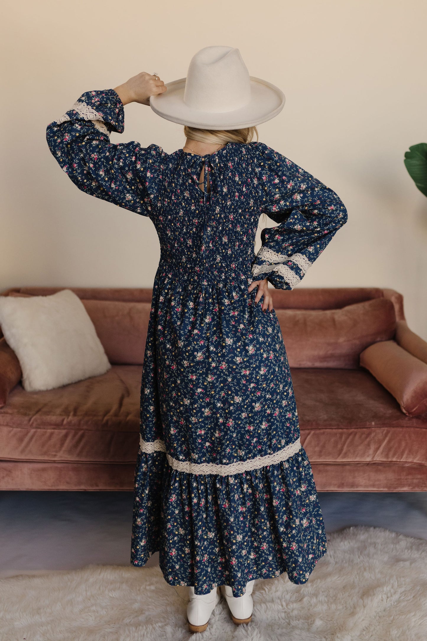 THE INDY SMOCKED FLORAL MAXI DRESS IN INDIGO