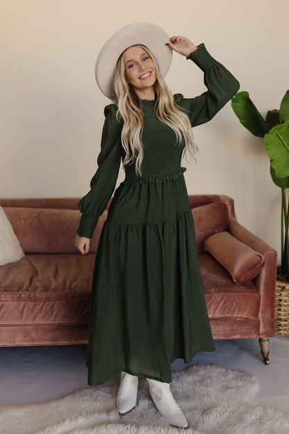 THE BECK RUFFLE MAXI DRESS IN DEEP GREEN