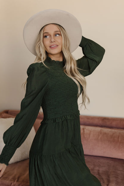 THE BECK RUFFLE MAXI DRESS IN DEEP GREEN