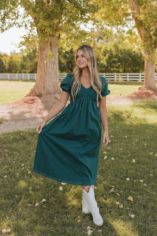 THE CATE MIDI DRESS IN FOREST GREEN