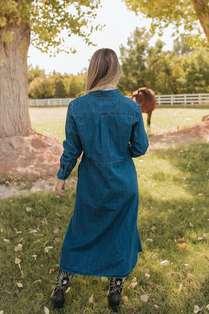 THE DEMI BUTTON DOWN MIDI DRESS IN DENIM