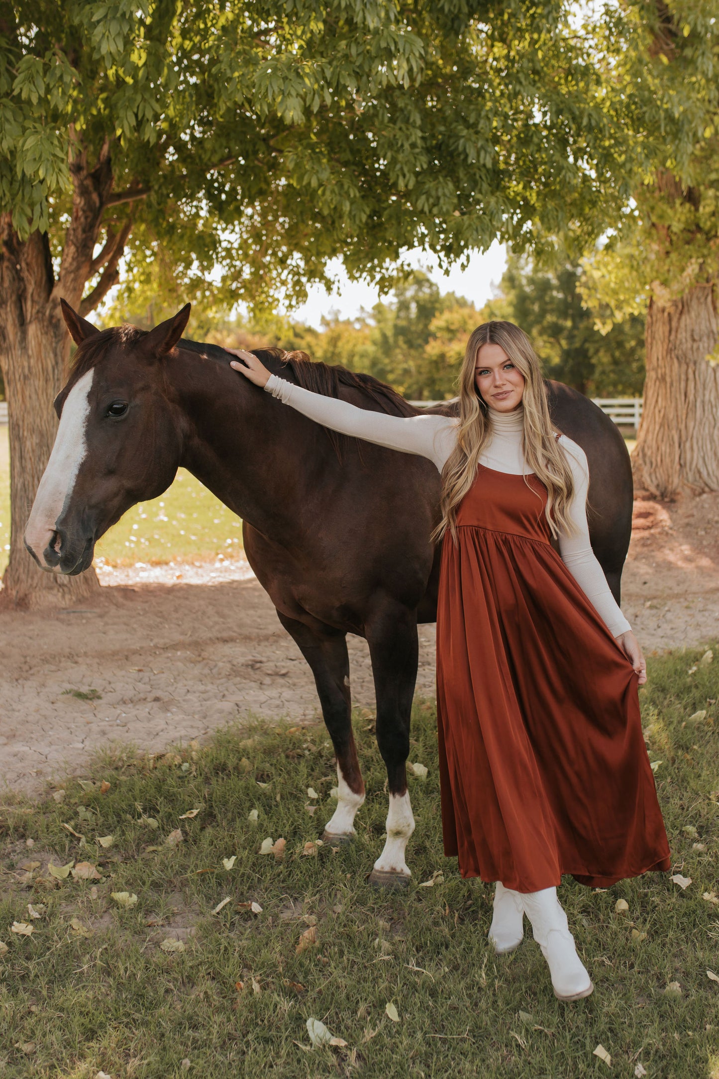 THE ADA SATIN MIDI DRESS IN AMBER