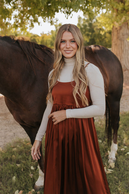 THE ADA SATIN MIDI DRESS IN AMBER