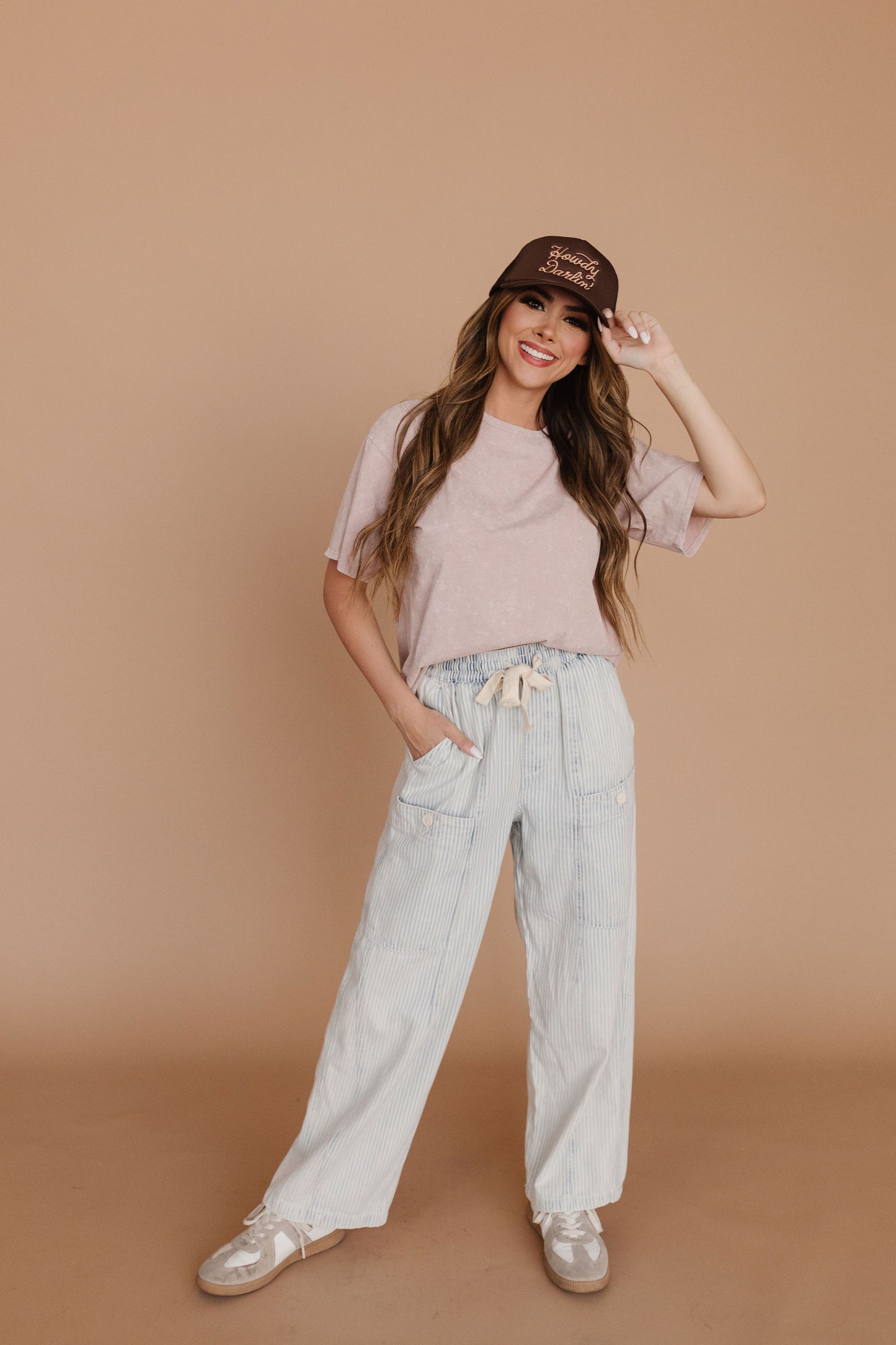 THE MACIE DRAWSTRING BARREL JEANS IN LIGHT BLUE STRIPE