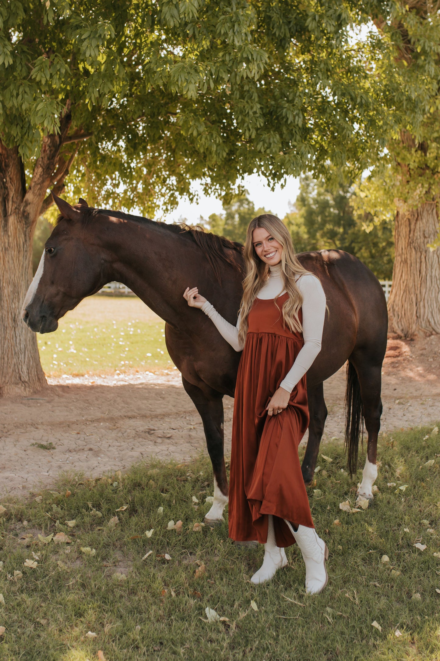 THE ADA SATIN MIDI DRESS IN AMBER