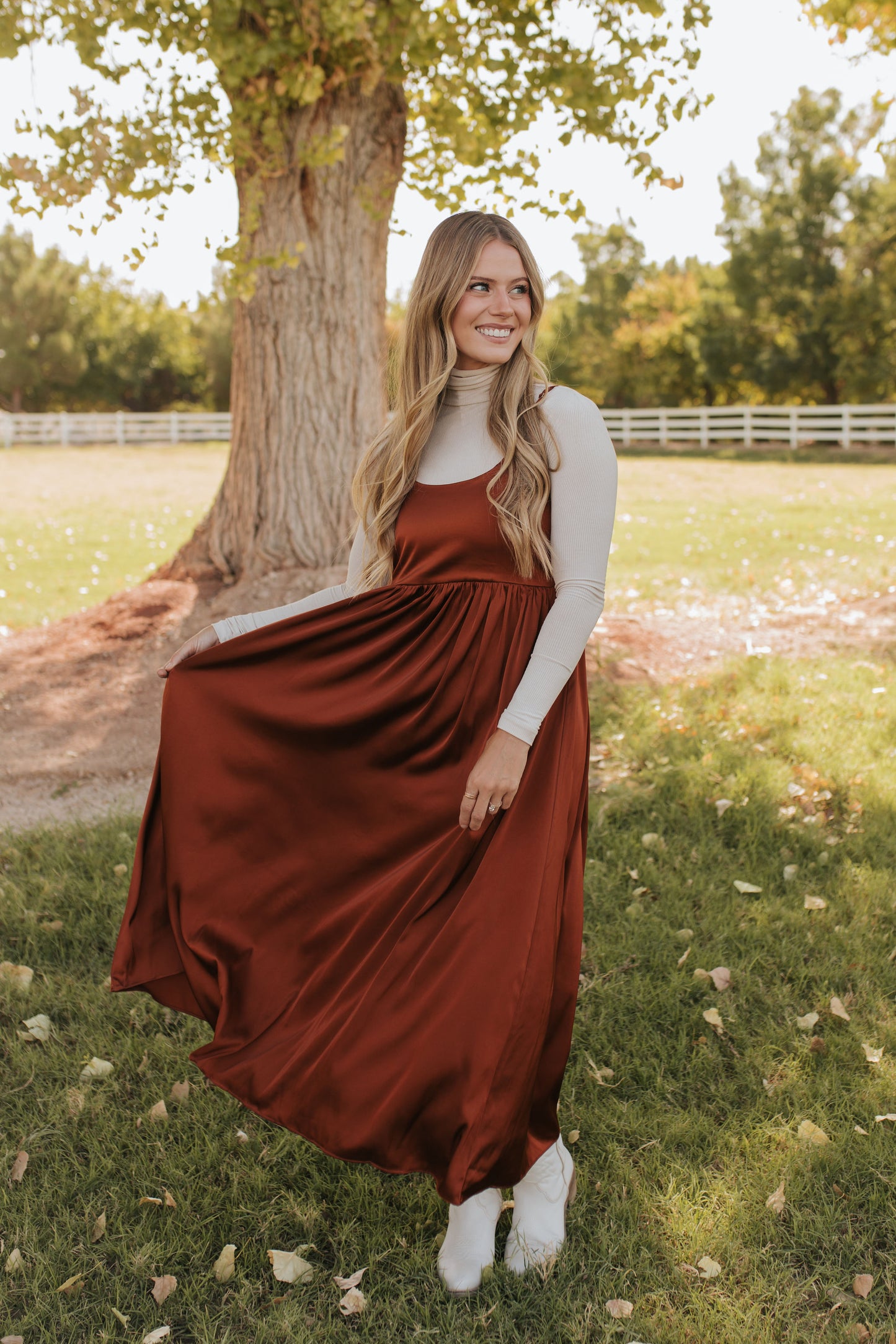 THE ADA SATIN MIDI DRESS IN AMBER