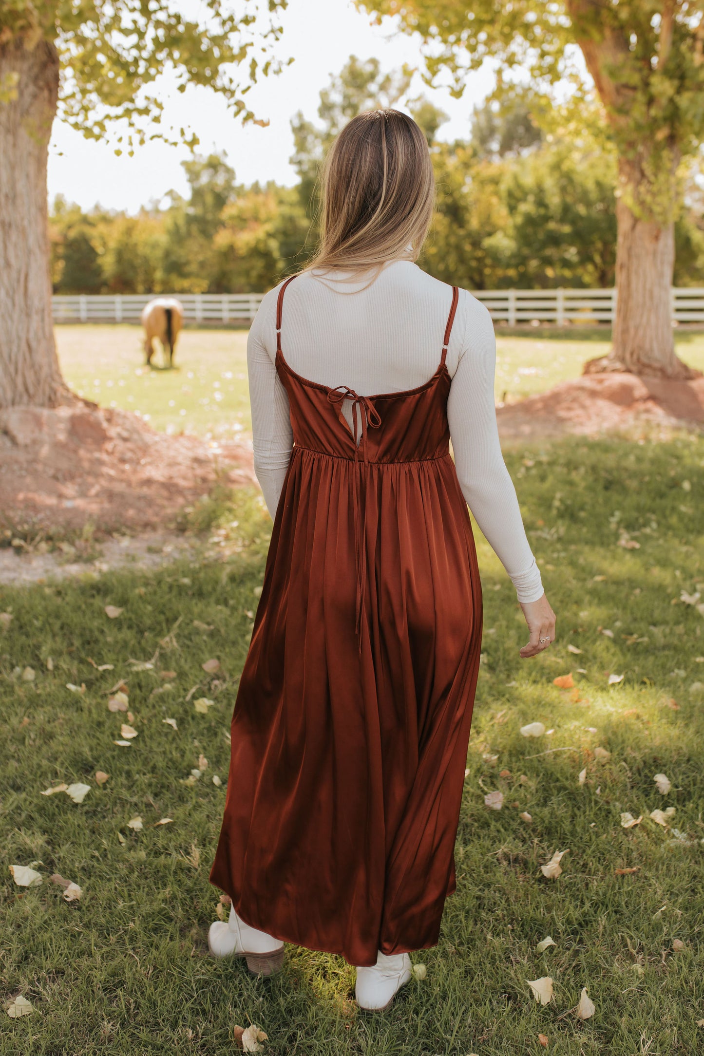 THE ADA SATIN MIDI DRESS IN AMBER