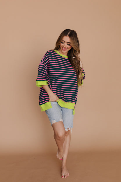 THE LEANNE STRIPED SWEATER TEE IN GREEN