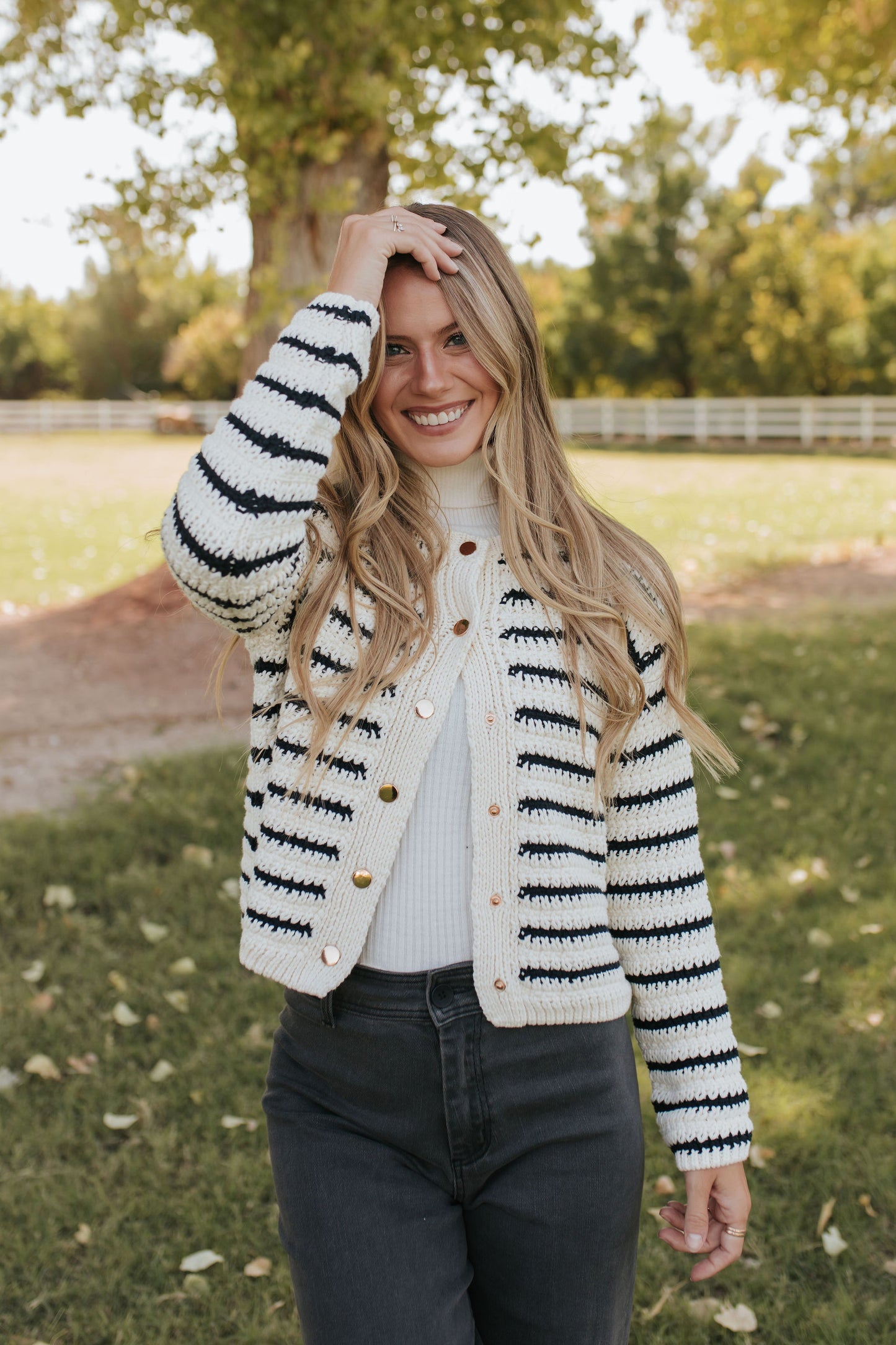 THE ELOISE CARDIGAN IN NAVY STRIPES