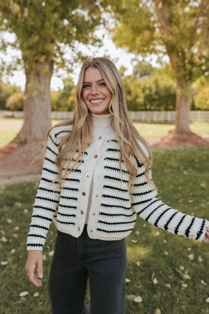 THE ELOISE CARDIGAN IN NAVY STRIPES