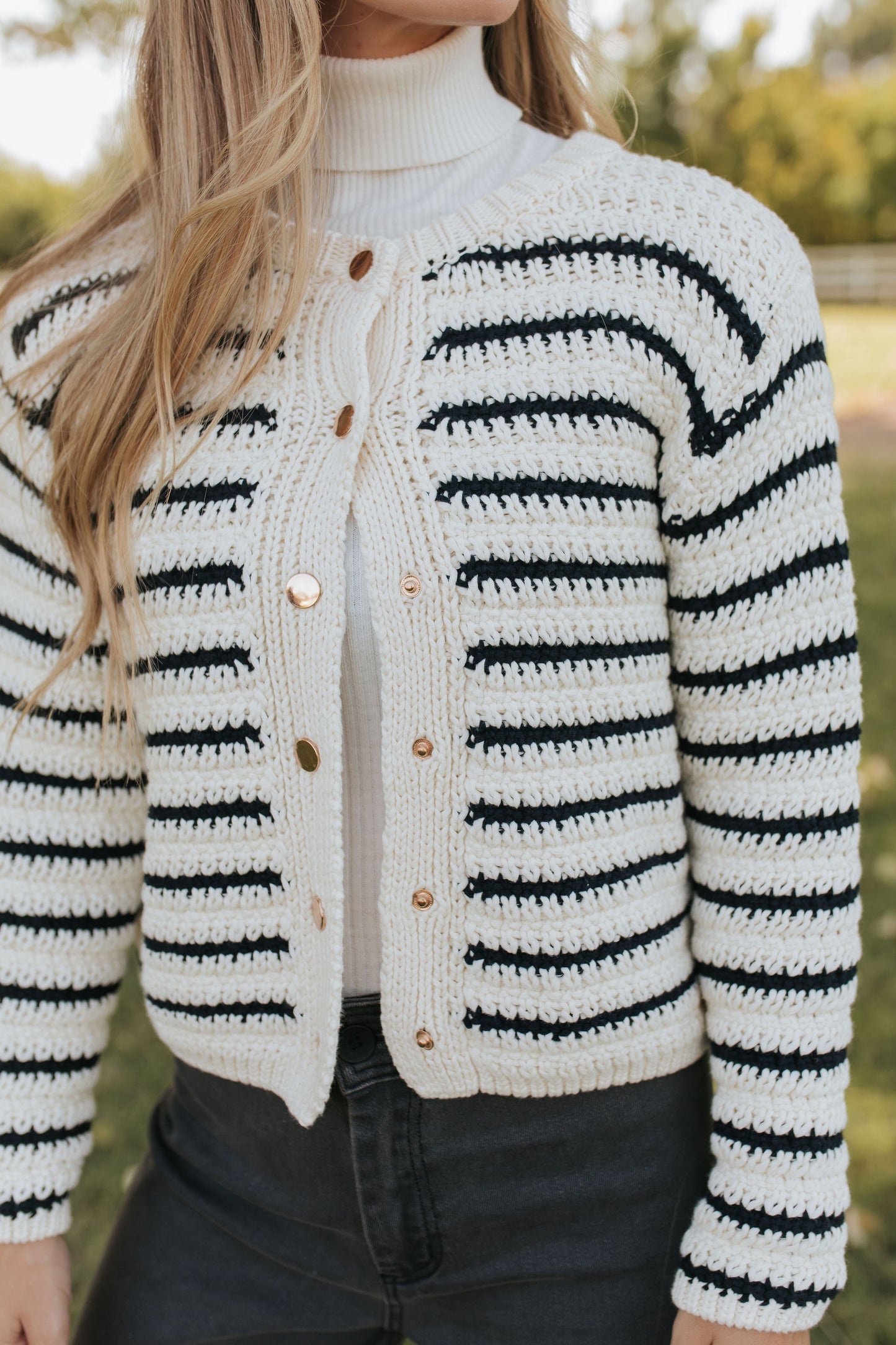 THE ELOISE CARDIGAN IN NAVY STRIPES