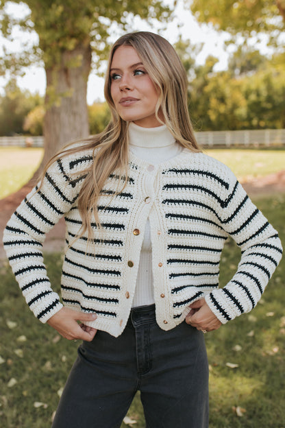 THE ELOISE CARDIGAN IN NAVY STRIPES