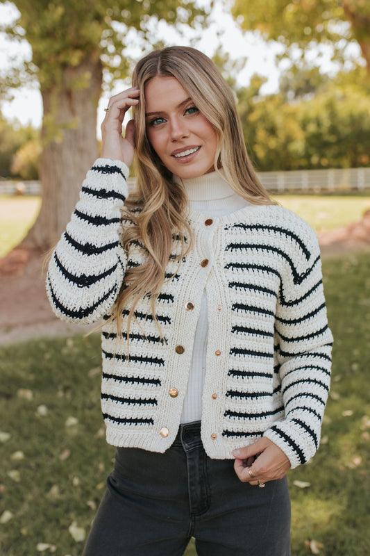 THE ELOISE CARDIGAN IN NAVY STRIPES