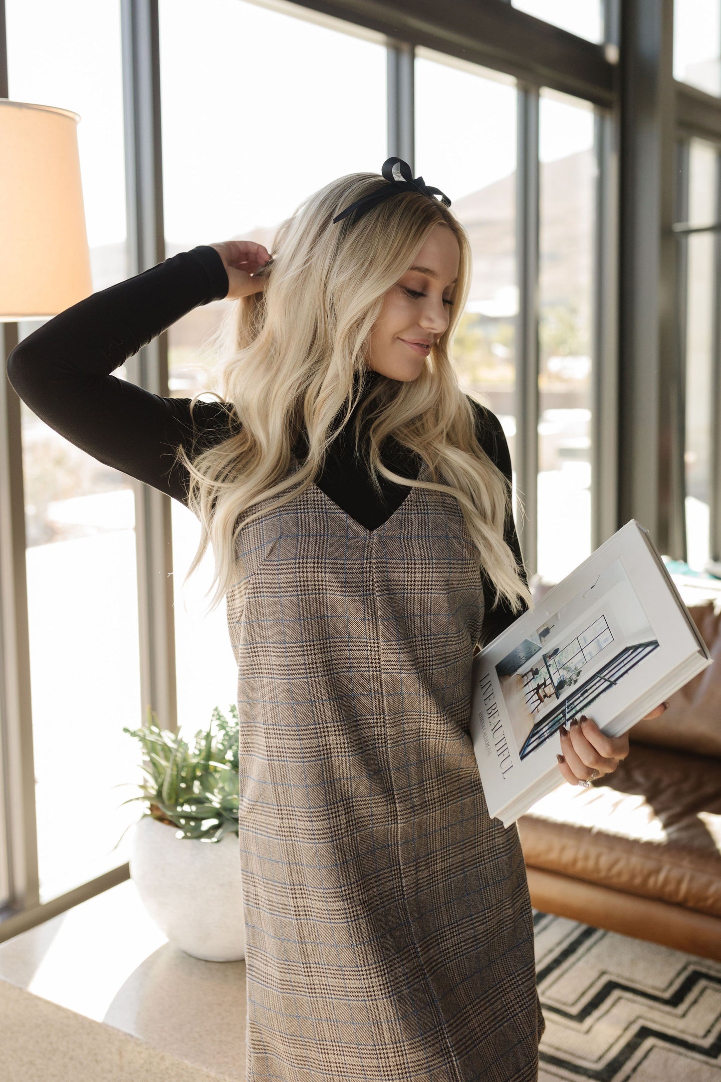 THE BLAKE OVERALL DRESS IN CHARCOAL PLAID BY BY PINK DESERT