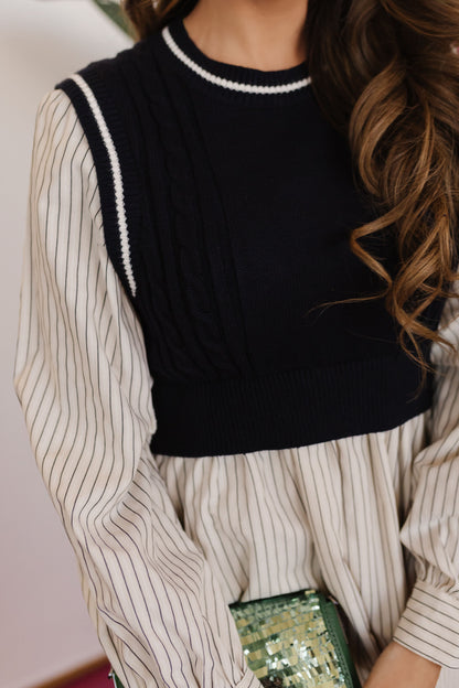 THE SWAYZE KNIT SWEATER DRESS IN NAVY STRIPE