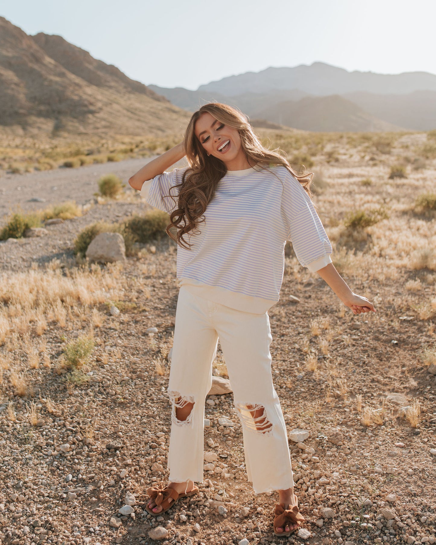 THE KARESSA STRIPE SHORT SLEEVE TOP IN LAVENDER