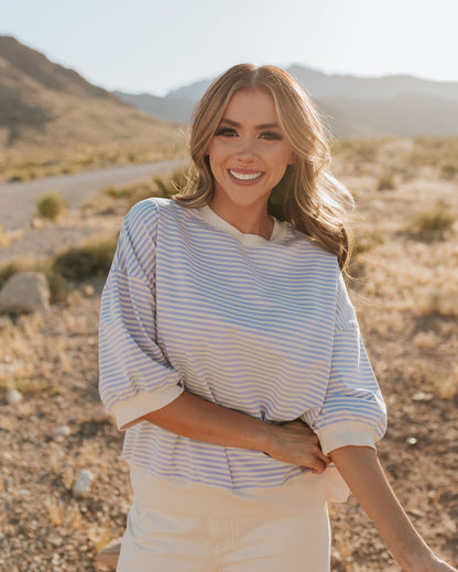 THE KARESSA STRIPE SHORT SLEEVE TOP IN LAVENDER