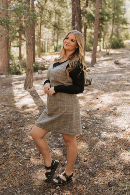 THE BLAKE OVERALL DRESS IN CHARCOAL PLAID BY BY PINK DESERT