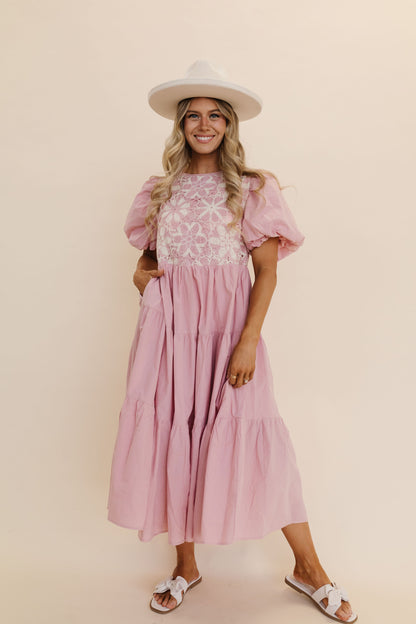 THE KIERSTEN PUFF SLEEVE MIDI DRESS IN PINK