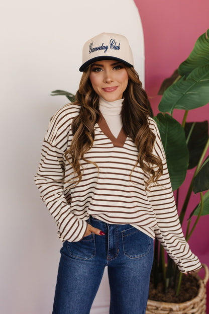 THE JODIE STRIPED TOP IN BROWN