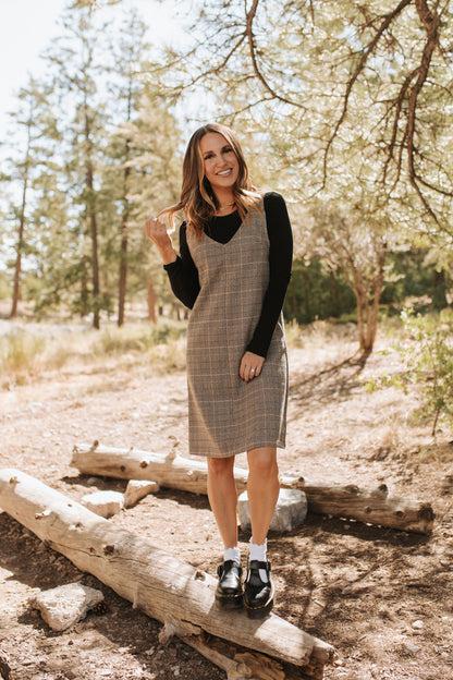 THE BLAKE OVERALL DRESS IN CHARCOAL PLAID BY BY PINK DESERT