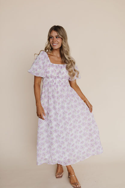 THE JANEY TEXTURED MIDI DRESS IN LAVENDER FLORAL