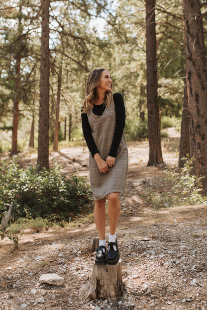 THE BLAKE OVERALL DRESS IN CHARCOAL PLAID BY BY PINK DESERT