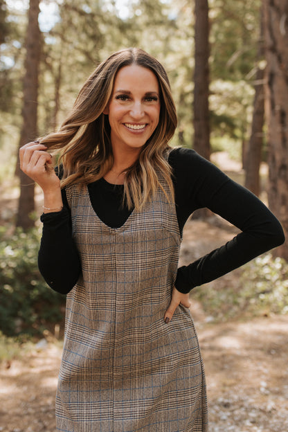 THE BLAKE OVERALL DRESS IN CHARCOAL PLAID BY BY PINK DESERT