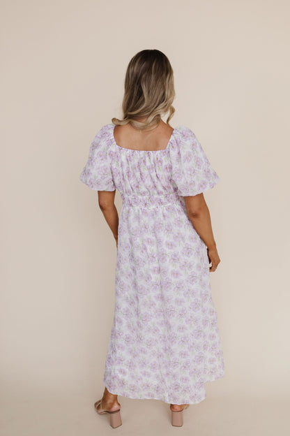 THE JANEY TEXTURED MIDI DRESS IN LAVENDER FLORAL