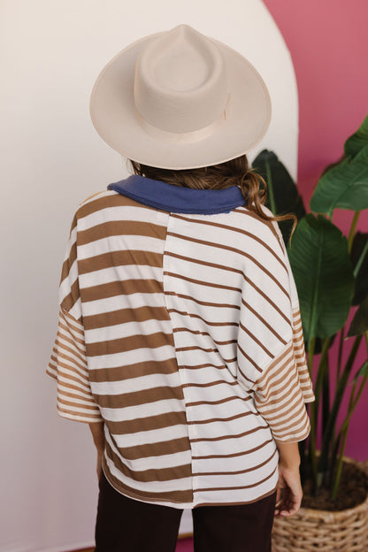 THE SABRINA STRIPED PATCHWORK TOP IN CAMEL