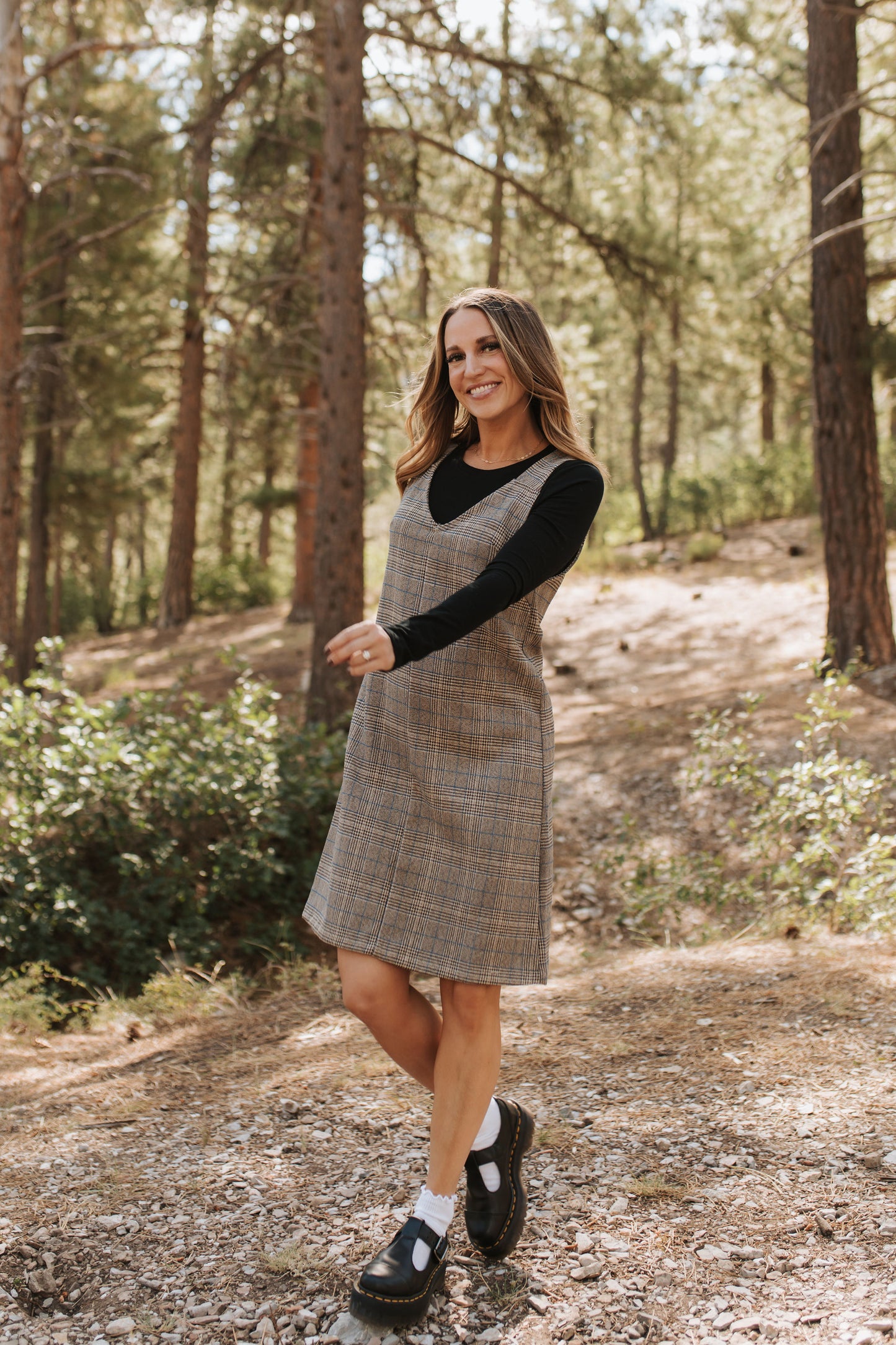 THE BLAKE OVERALL DRESS IN CHARCOAL PLAID BY BY PINK DESERT