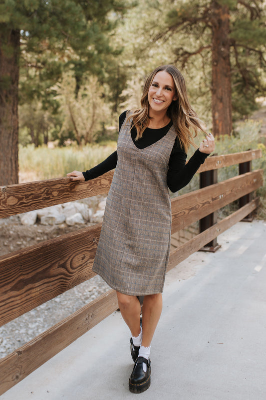 THE BLAKE OVERALL DRESS IN CHARCOAL PLAID BY BY PINK DESERT