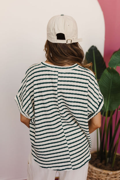 THE ASHER TEXTURED SHORT SLEEVE TOP IN GREEN STRIPE