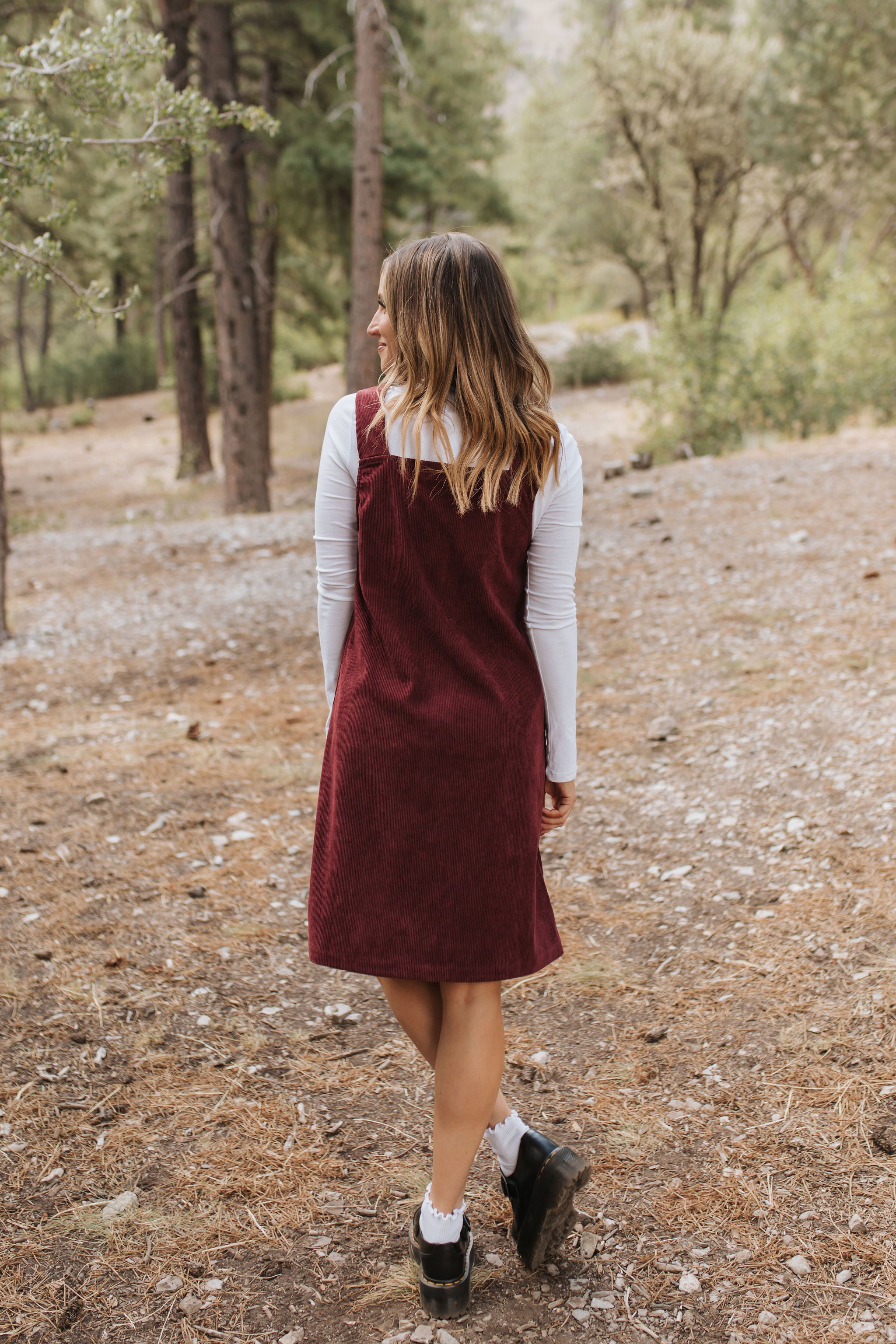 The Blake Overall Dress in Burgundy Corduroy by Pink Desert X Small