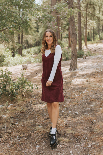 THE BLAKE OVERALL DRESS IN BURGUNDY CORDUROY BY PINK DESERT