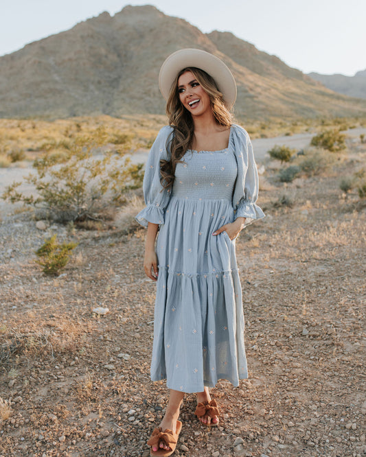 THE AUBREE EMBROIDERED DRESS IN STEEL