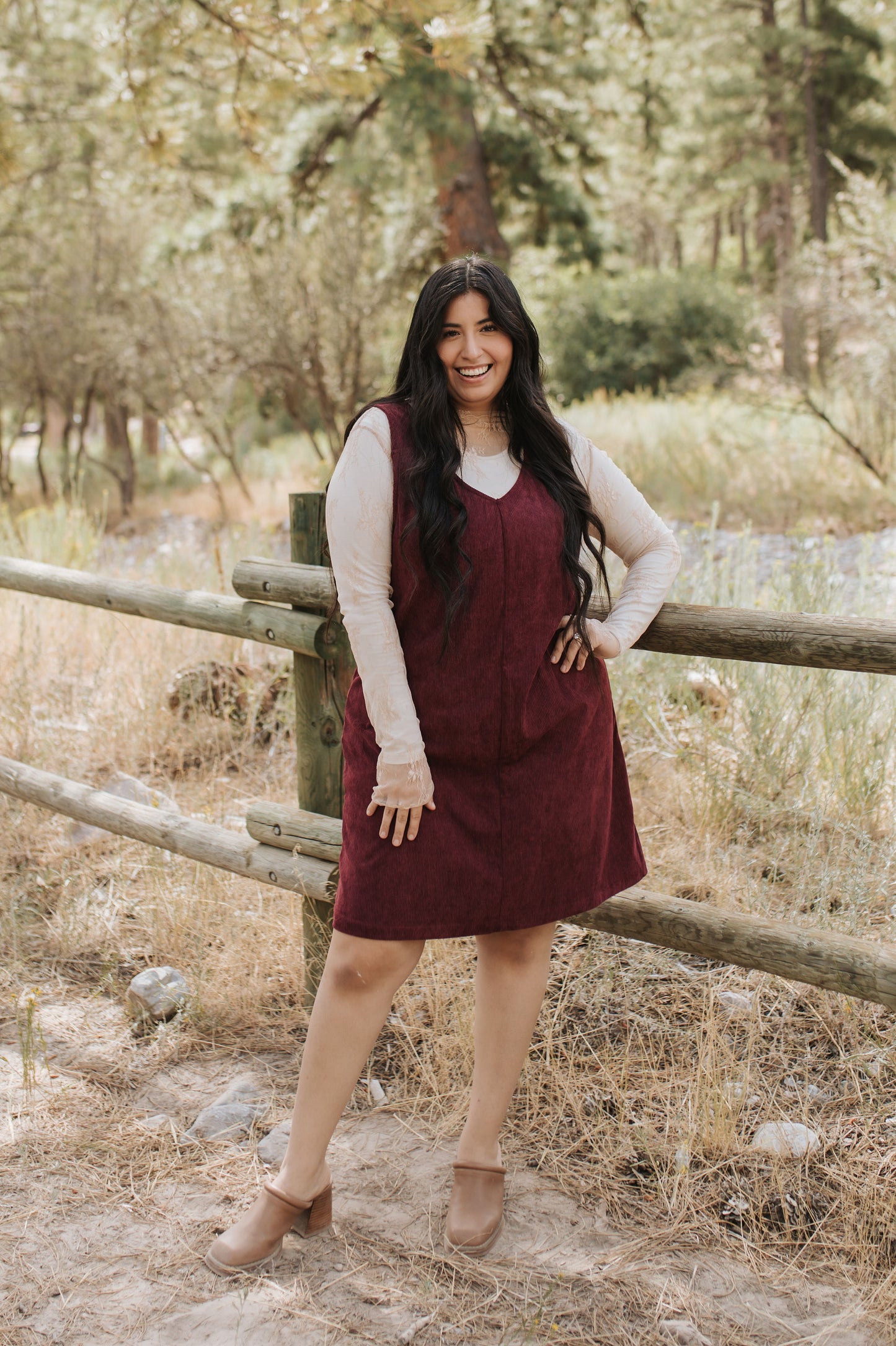 THE BLAKE OVERALL DRESS IN BURGUNDY CORDUROY BY PINK DESERT