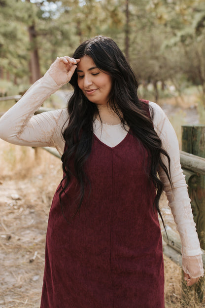 THE BLAKE OVERALL DRESS IN BURGUNDY CORDUROY BY PINK DESERT