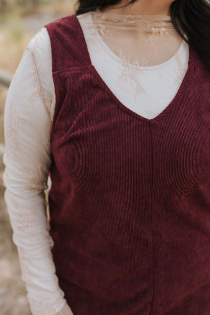 THE BLAKE OVERALL DRESS IN BURGUNDY CORDUROY BY PINK DESERT