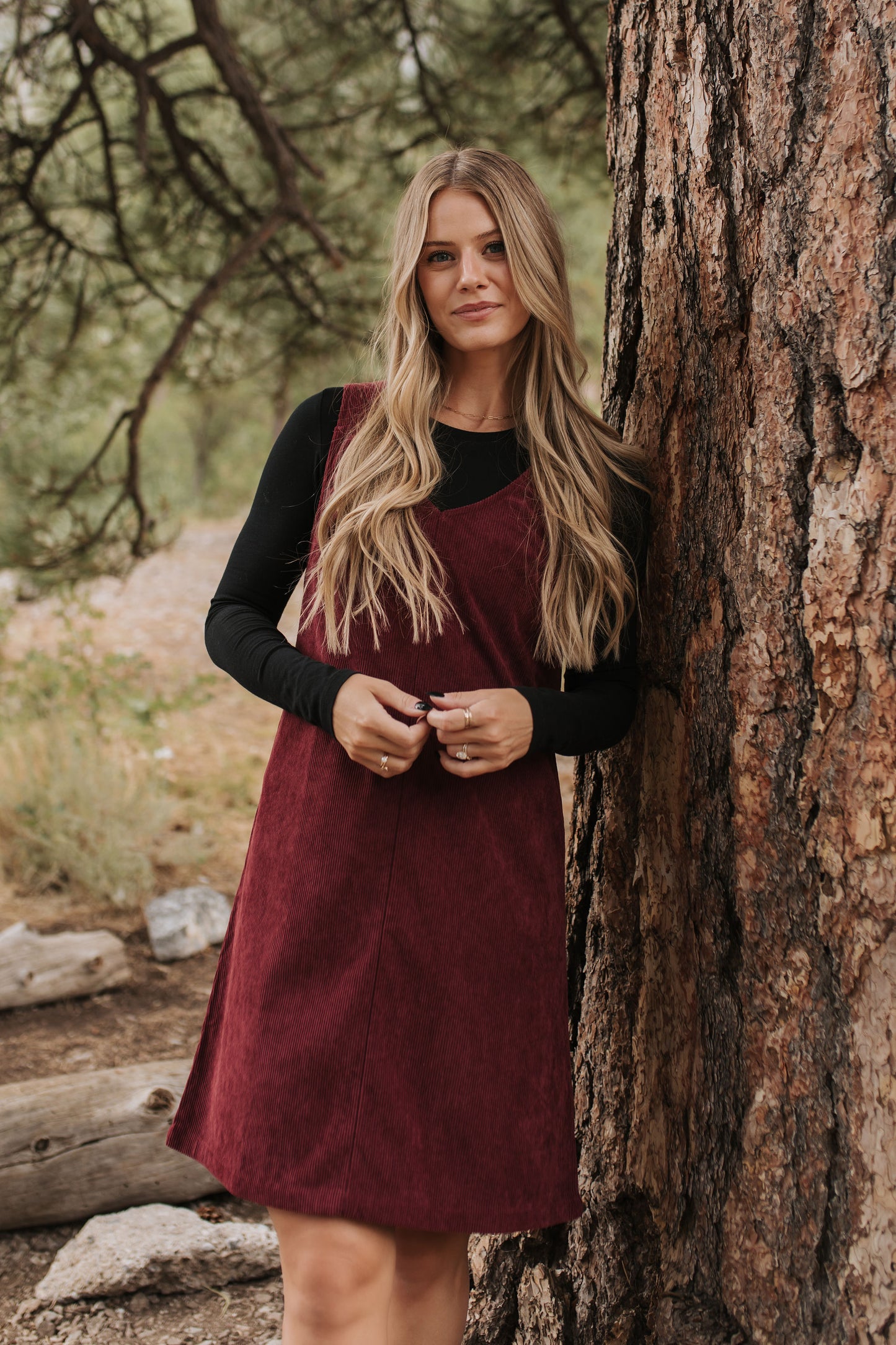 THE BLAKE OVERALL DRESS IN BURGUNDY CORDUROY BY PINK DESERT