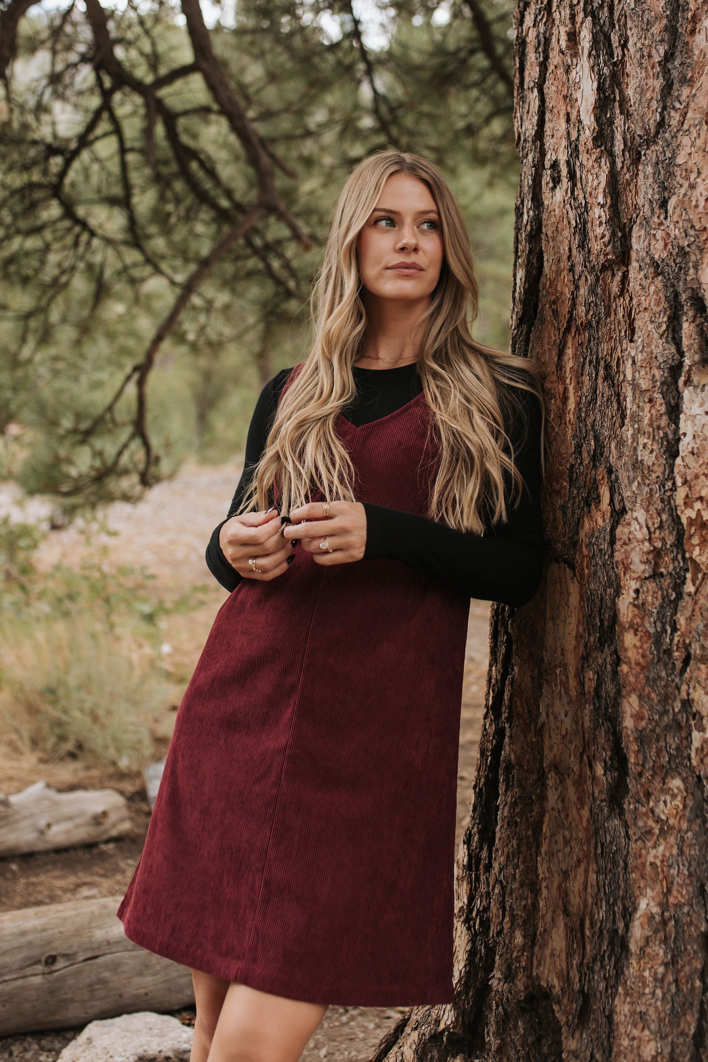 THE BLAKE OVERALL DRESS IN BURGUNDY CORDUROY BY PINK DESERT