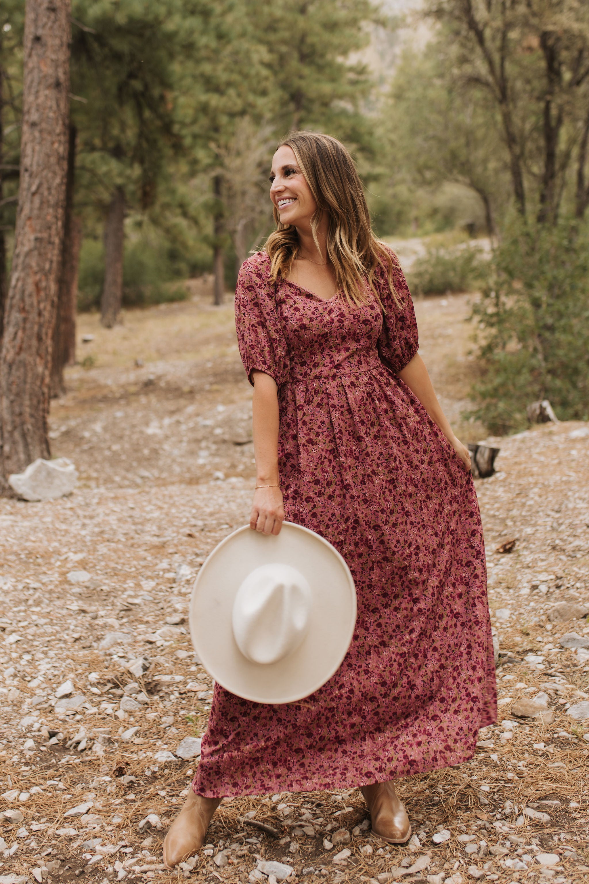 THE EMMY LOU DRESS IN BURGUNDY FLORAL BY PINK DESERT