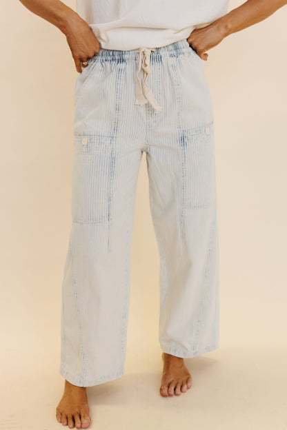 THE MACIE DRAWSTRING BARREL JEANS IN LIGHT BLUE STRIPE